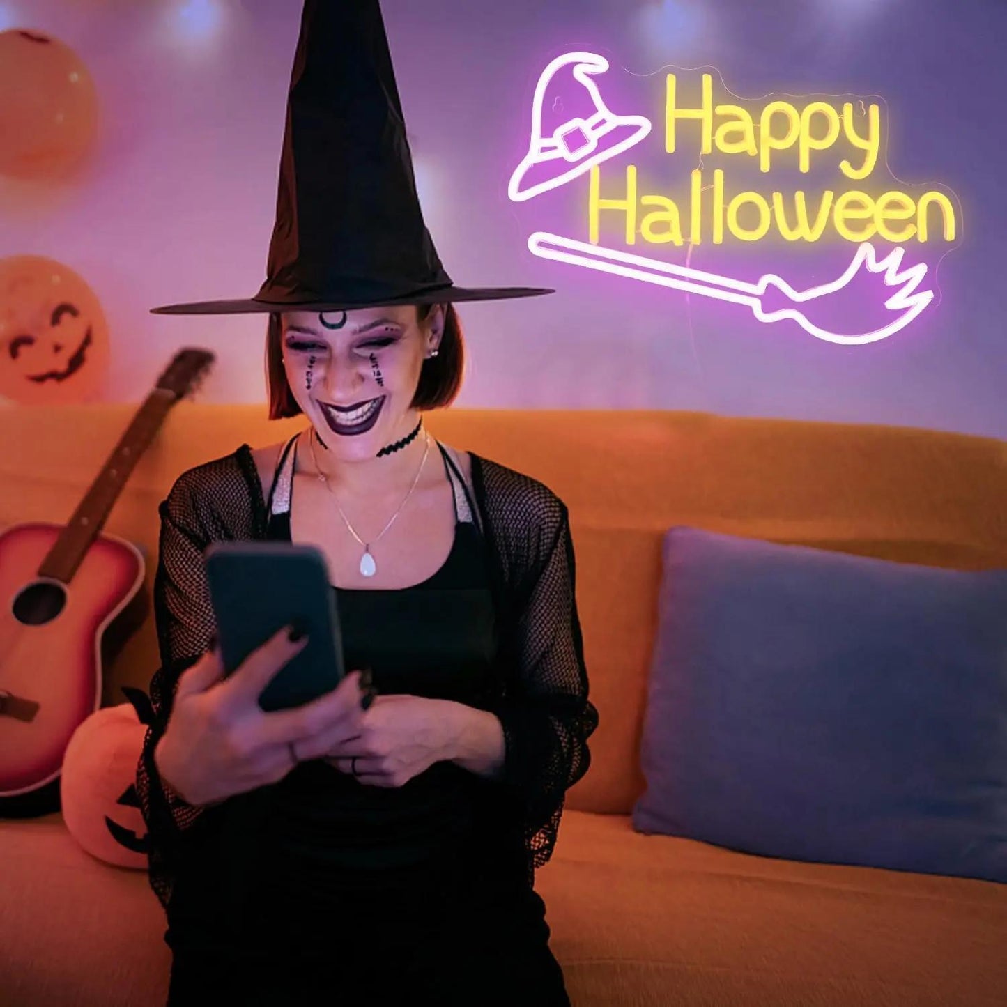 Happy Halloween LED Neon Sign with Dimmable Witch Hat - USB Powered, Wall-Mounted Decor for Home & Party