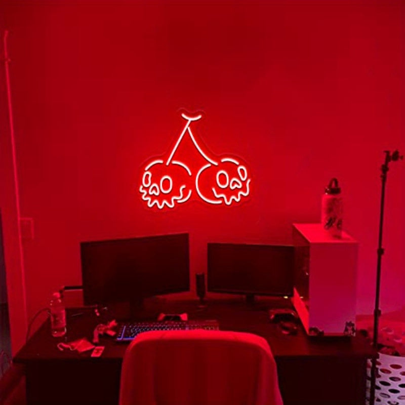 Skull Cherry Neon Sign, Halloween Horror Cherry Wall Decor, Gothic Skull Festive Wall Hanging, USB Powered with Switch, Non-Dimmable Red Neon Accent for Wedding Party Home Decor - 15"