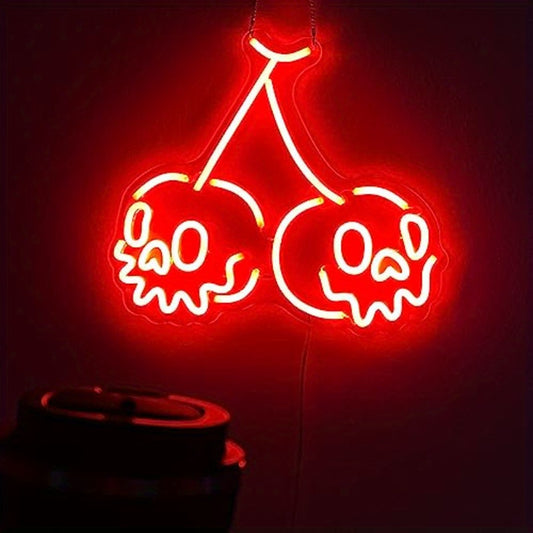 Skull Cherry Neon Sign, Halloween Horror Cherry Wall Decor, Gothic Skull Festive Wall Hanging, USB Powered with Switch, Non-Dimmable Red Neon Accent for Wedding Party Home Decor - 15"