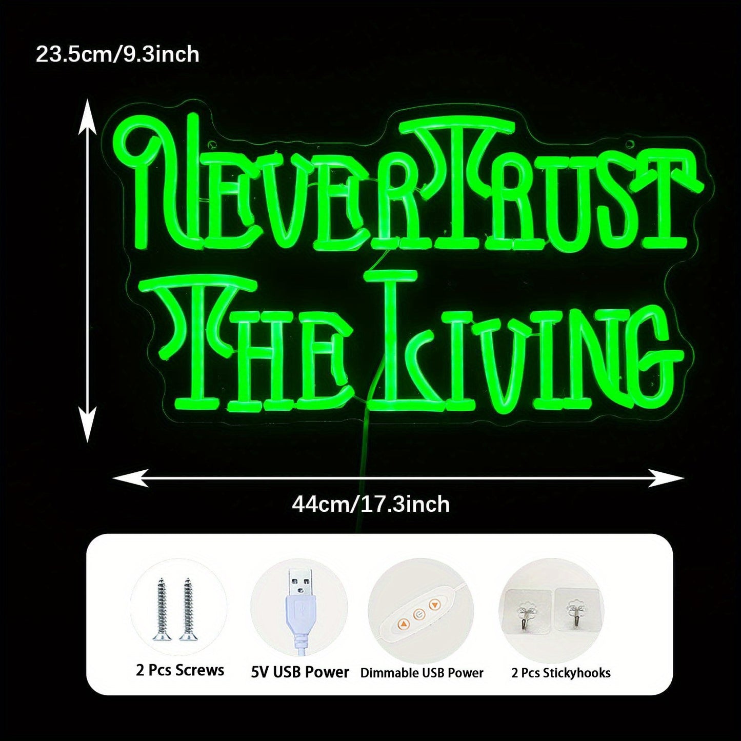 "Never Trust The Living" Green LED Neon Sign - USB Powered, Dimmable Wall Decor with Switch Control for Parties, Caves & Haunted Houses - Versatile Aesthetic Letter Lighting