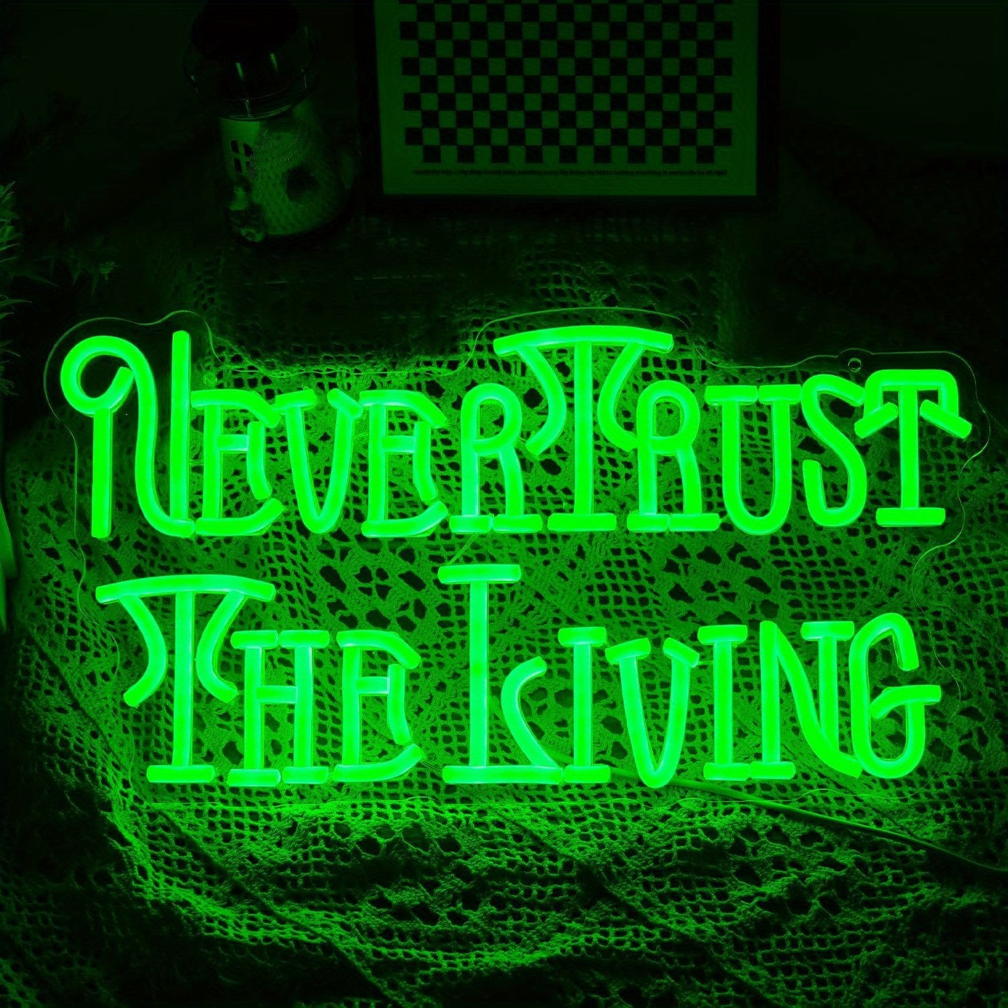 "Never Trust The Living" Green LED Neon Sign - USB Powered, Dimmable Wall Decor with Switch Control for Parties, Caves & Haunted Houses - Versatile Aesthetic Letter Lighting