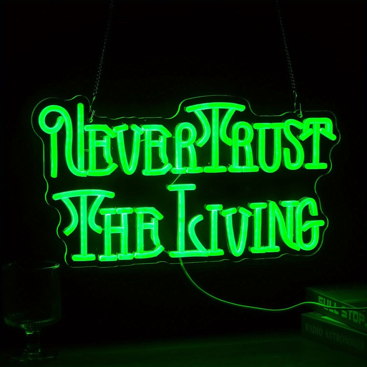 "Never Trust The Living" Green LED Neon Sign - USB Powered, Dimmable Wall Decor with Switch Control for Parties, Caves & Haunted Houses - Versatile Aesthetic Letter Lighting