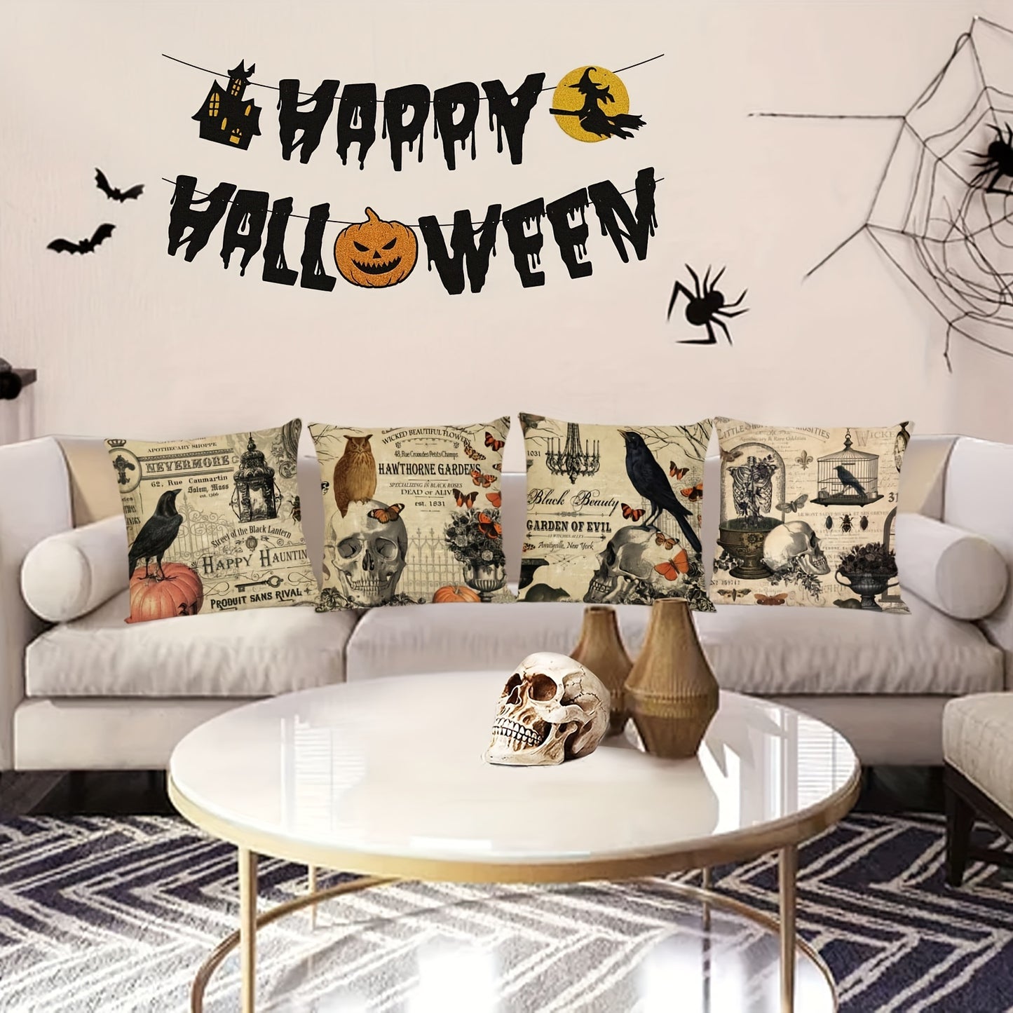 4pc, Halloween Linen Blend Throw Pillow Case, Skeleton Pumpkin Crow Square Cushion Case, Decorative Pillow Cover For Living Room Bedroom Couch Sofa, Home Decor, Room Decor, Party Decor, Halloween Decor, Single-Sided Printed