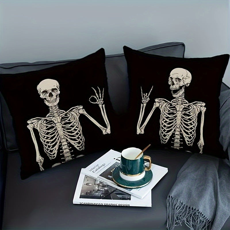 Halloween Skeleton Pillow Covers Set of 4, Traditional Style Linen Throw Cushion Cases 18x18 Inches, Stain Resistant Zippered Sofa Decor with Spooky Patterns, Machine Washable for Home