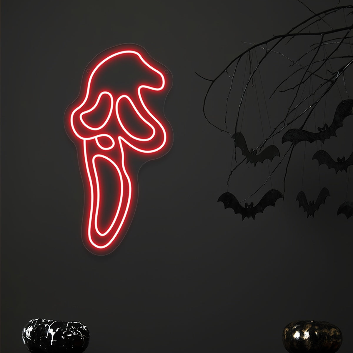 Spooky Scream Face Ghost LED Neon Sign - USB Powered, Polished Metal Finish, Wall-Mounted Halloween Decor Light