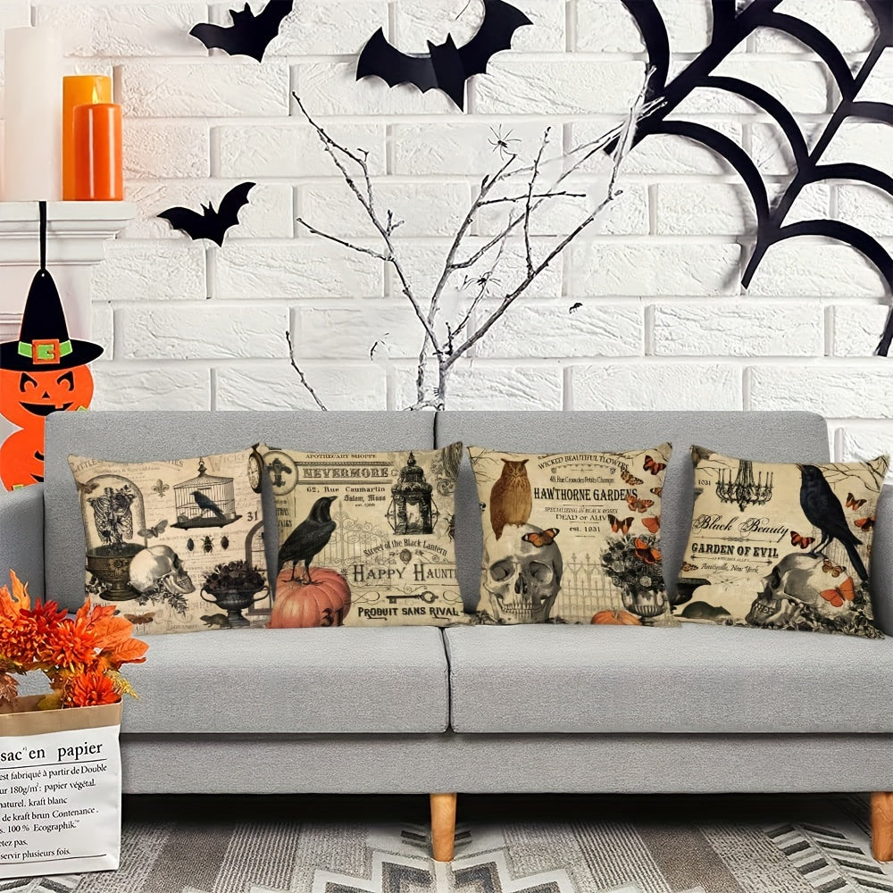 4pc, Halloween Linen Blend Throw Pillow Case, Skeleton Pumpkin Crow Square Cushion Case, Decorative Pillow Cover For Living Room Bedroom Couch Sofa, Home Decor, Room Decor, Party Decor, Halloween Decor, Single-Sided Printed