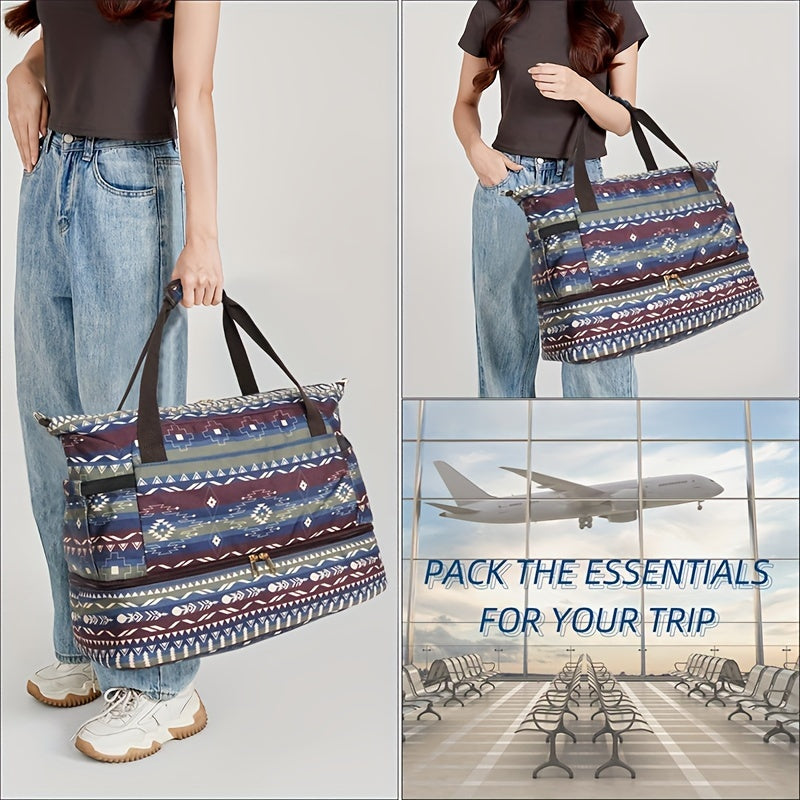 Bohemian retro style canvas travel luggage bag, large-capacity storage bag, foldable lightweight portable storage bag, travel bag with coin purse.