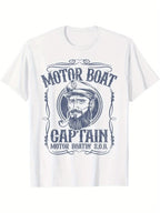 100% Cotton Relaxed Fit T-Shirt with Nautical Captain Graphic Print - White Casual Short Sleeve Round Neck Tee for Casual Attire, Leisure Clothing | Soft Fabric Shirt