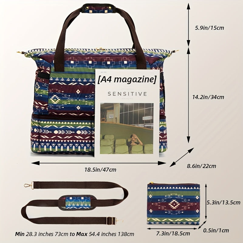 Bohemian retro style canvas travel luggage bag, large-capacity storage bag, foldable lightweight portable storage bag, travel bag with coin purse.