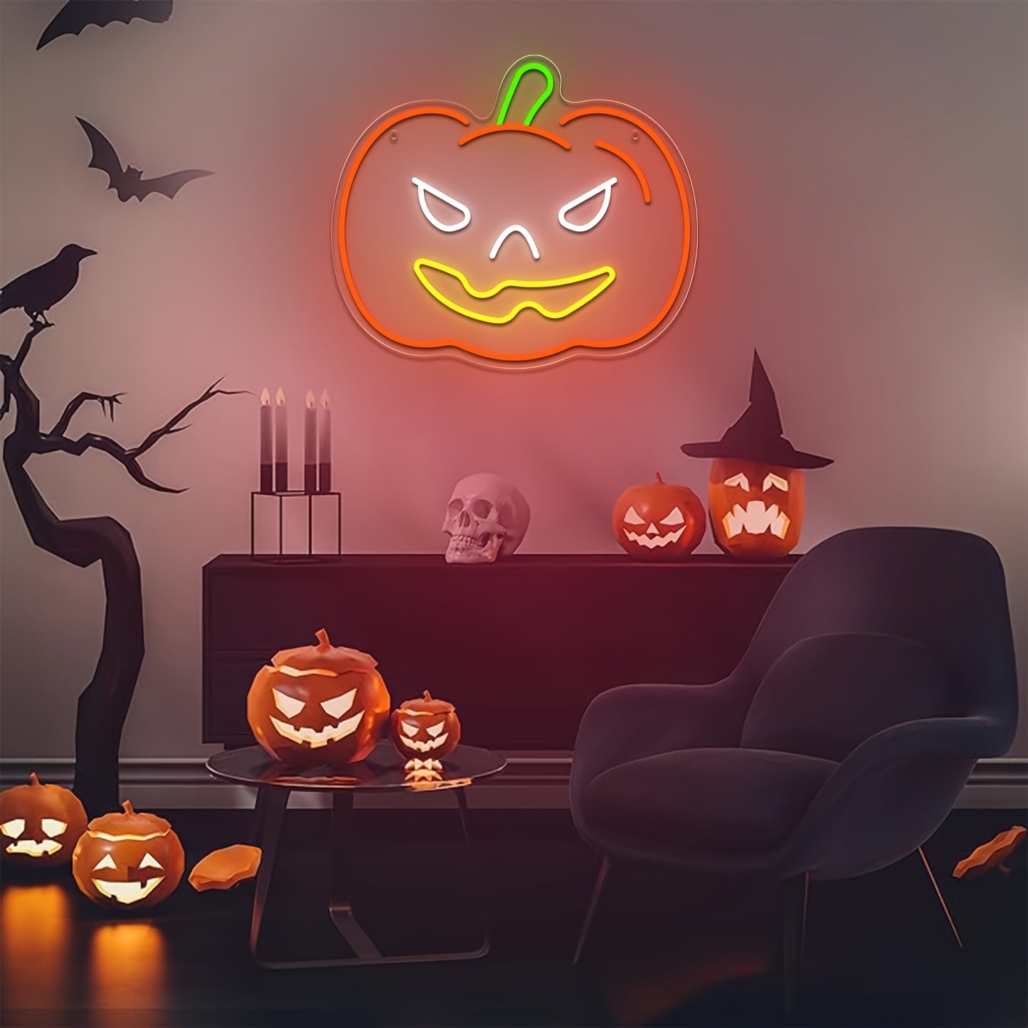 Spooky Pumpkin LED Neon Sign with USB Power & Dimmer Switch - Perfect for Halloween Decor, Bedroom, Living Room, Bar, Garage, and Game Room Wall Art (15.7"x13.4")