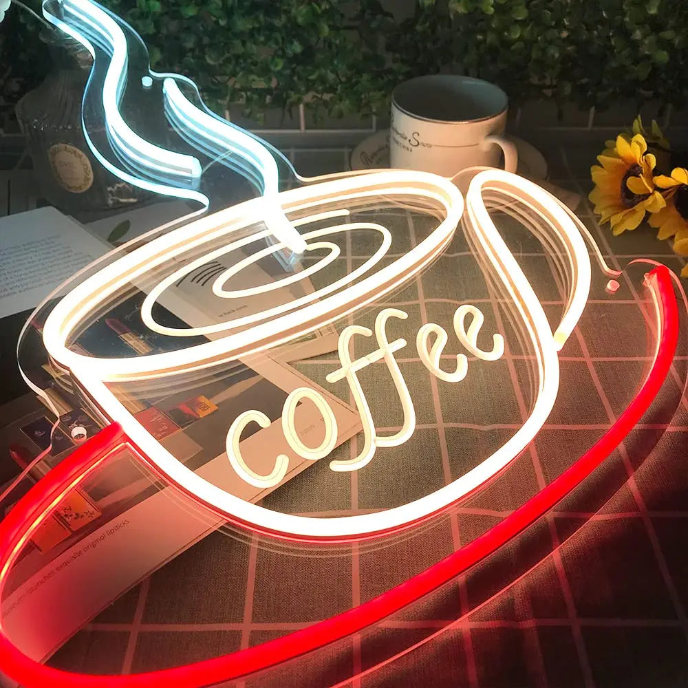 Coffee Neon Sign for Wall Decor Coffee Cup Coffe Cafe Neon Sign Open Sign With Dimmer Switch for Party Bar Cafe Restaurant Hotel