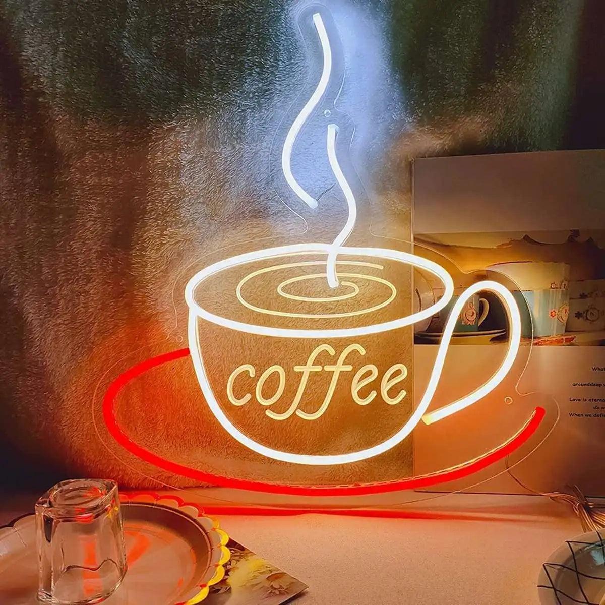 Coffee Neon Sign for Wall Decor Coffee Cup Coffe Cafe Neon Sign Open Sign With Dimmer Switch for Party Bar Cafe Restaurant Hotel