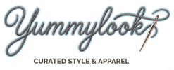 A logo-style graphic reading 'Yummylookz' in gray cursive with a blue outline, plus the text 'CURATED STYLE & APPAREL' underneath on a white background.