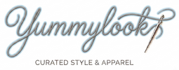 A logo-style graphic on a white background with the words 'Yummylookz' in large gray cursive outlined lettering, smaller dark gray text reading 'CURATED STYLE & APPAREL' below, and a small paintbrush illustration integrated into the lettering.