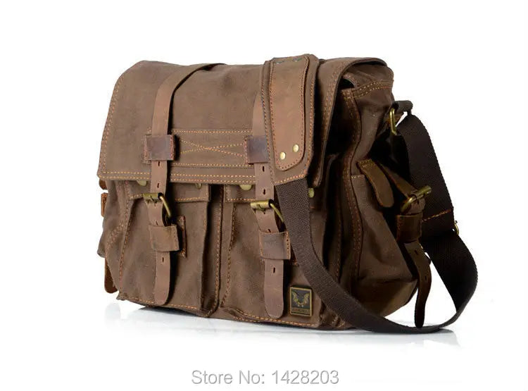 Retro Vintage Cotton Canvas + Real Leather Men's Messenger Bag Shoulder Bag Military Canvas Crossbody Bag Male Casual Sling Bag