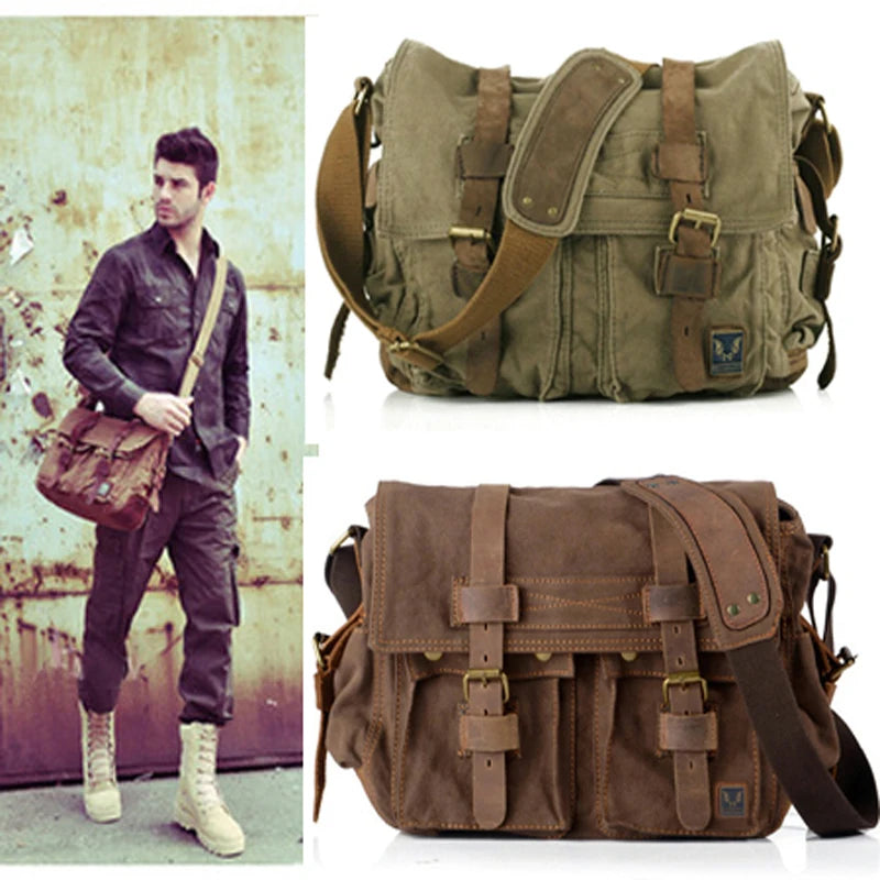 Retro Vintage Cotton Canvas + Real Leather Men's Messenger Bag Shoulder Bag Military Canvas Crossbody Bag Male Casual Sling Bag