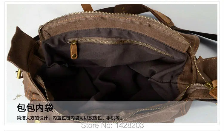 Retro Vintage Cotton Canvas + Real Leather Men's Messenger Bag Shoulder Bag Military Canvas Crossbody Bag Male Casual Sling Bag