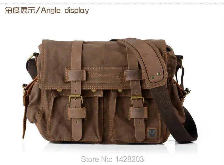 Retro Vintage Cotton Canvas + Real Leather Men's Messenger Bag Shoulder Bag Military Canvas Crossbody Bag Male Casual Sling Bag