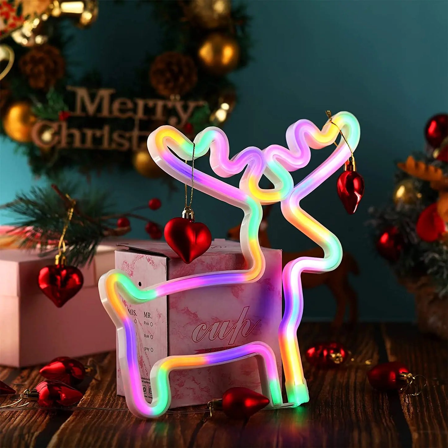 3PCS Christmas Neon Sign Light Christmas Tree Colorful Reindeer Night Light Red Bells Neon Signs LED Lamp Wall Decor