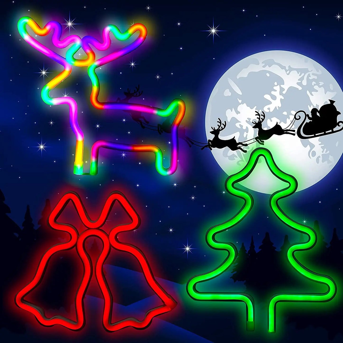 3PCS Christmas Neon Sign Light Christmas Tree Colorful Reindeer Night Light Red Bells Neon Signs LED Lamp Wall Decor