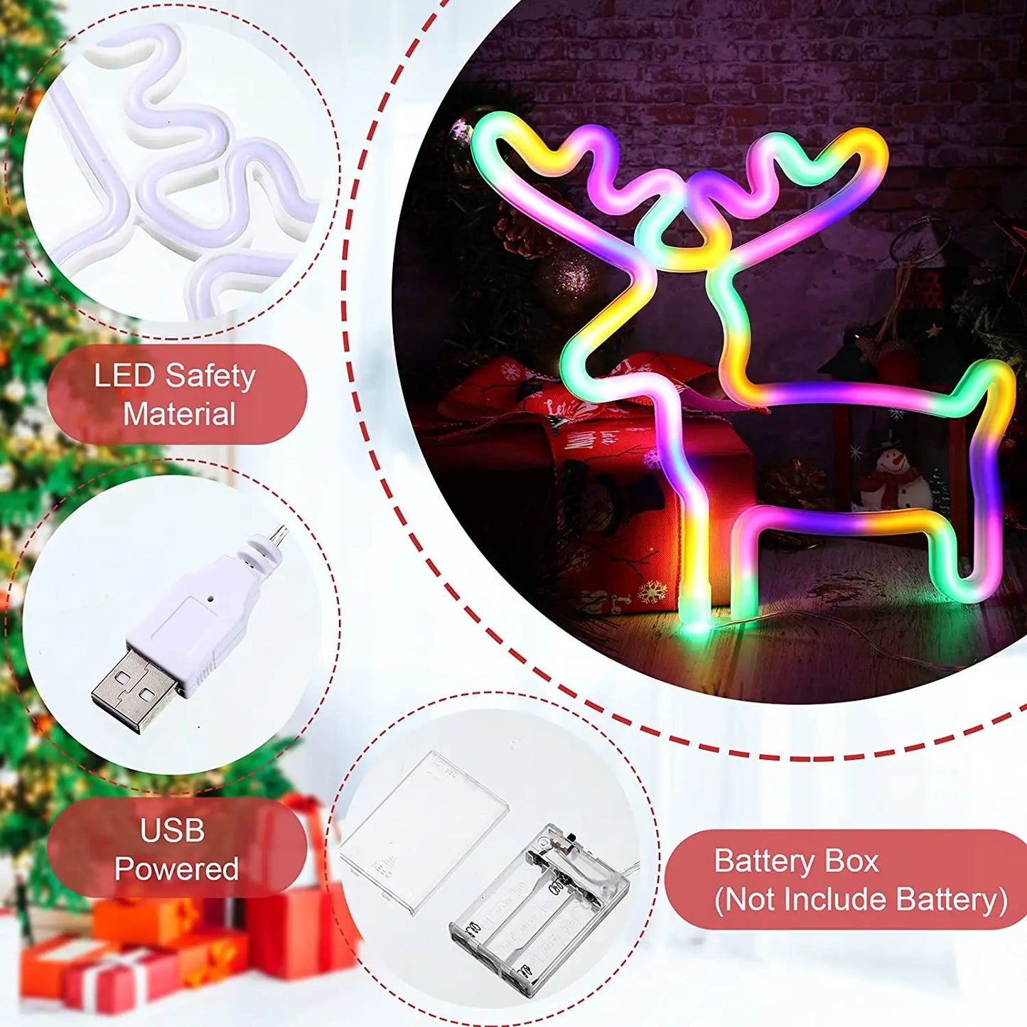 3PCS Christmas Neon Sign Light Christmas Tree Colorful Reindeer Night Light Red Bells Neon Signs LED Lamp Wall Decor