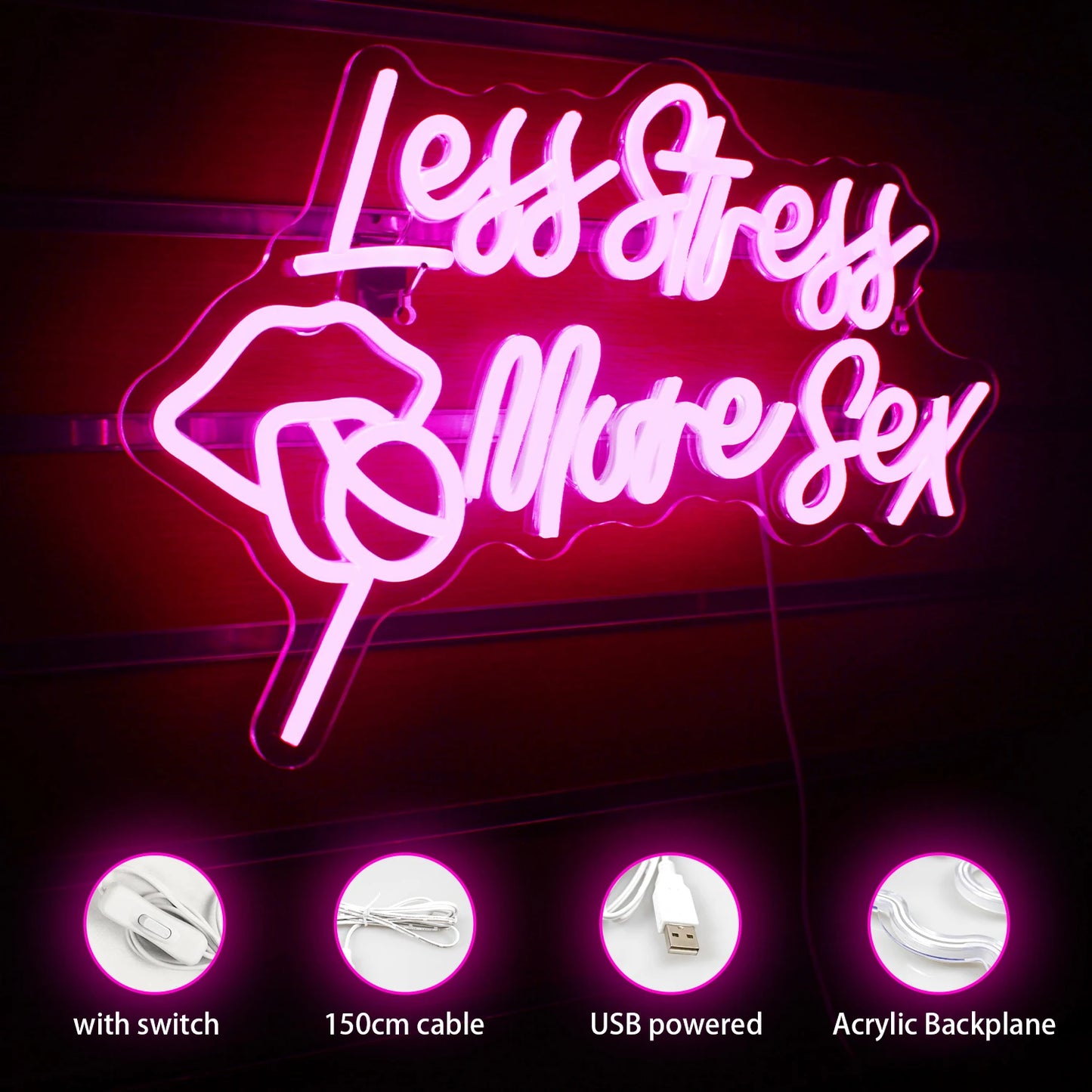 Less Stress More Sex Neon Sign Wall Decor Bedroom Neon Sign Lights Home Bar Hotel Cafe Shops Party Man Cave LED Neon USB