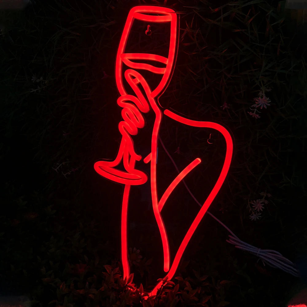 Lady Wine Glass Neon Signs Wall Decor USB Powered LED Neon Light Decor for Hotel Beer Bar Pub Man Cave Club Restaurant & Party