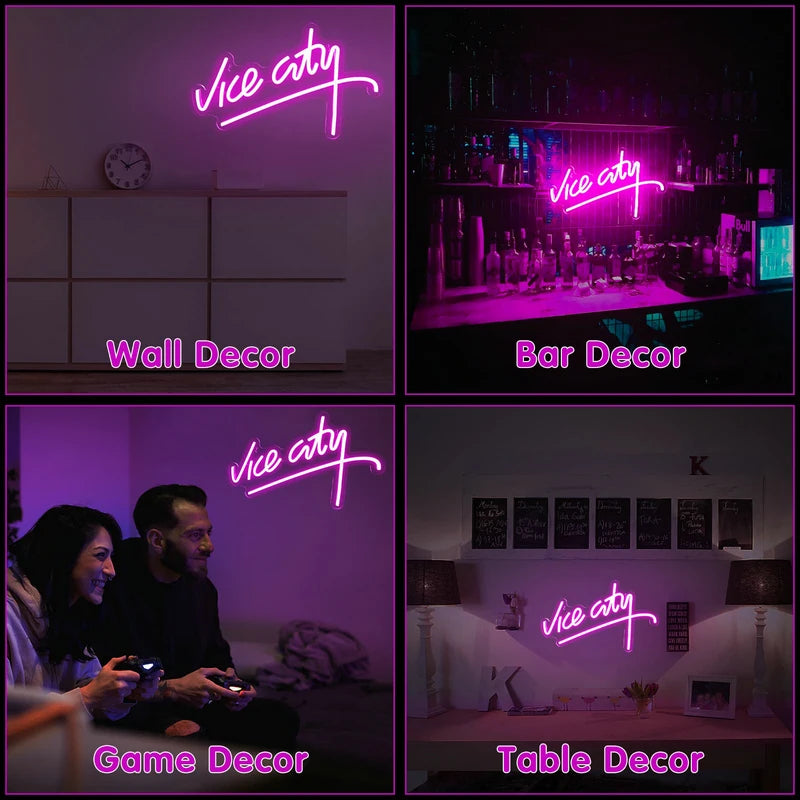 Pink Neon Sign Vice City LED Neon Light for Playroom Atmosphere light Game Room Wall Decor Bar Party Man Cave Indoor Decorations