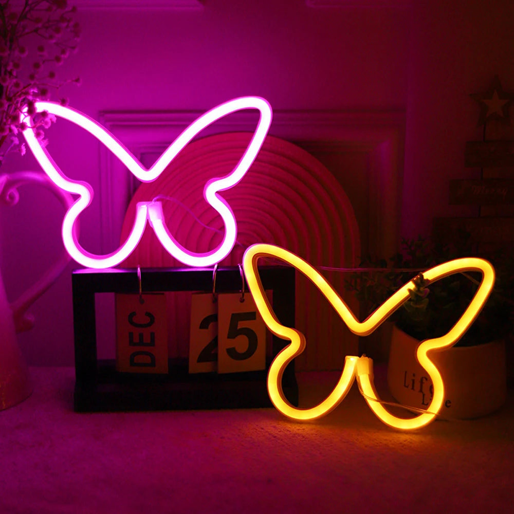 LED Neon Sign USB/Battery Operated Creative Shape Flicker Free 3D Visual Effect Soft Lighting Butterfly Neon Sign LED Lamp Photo