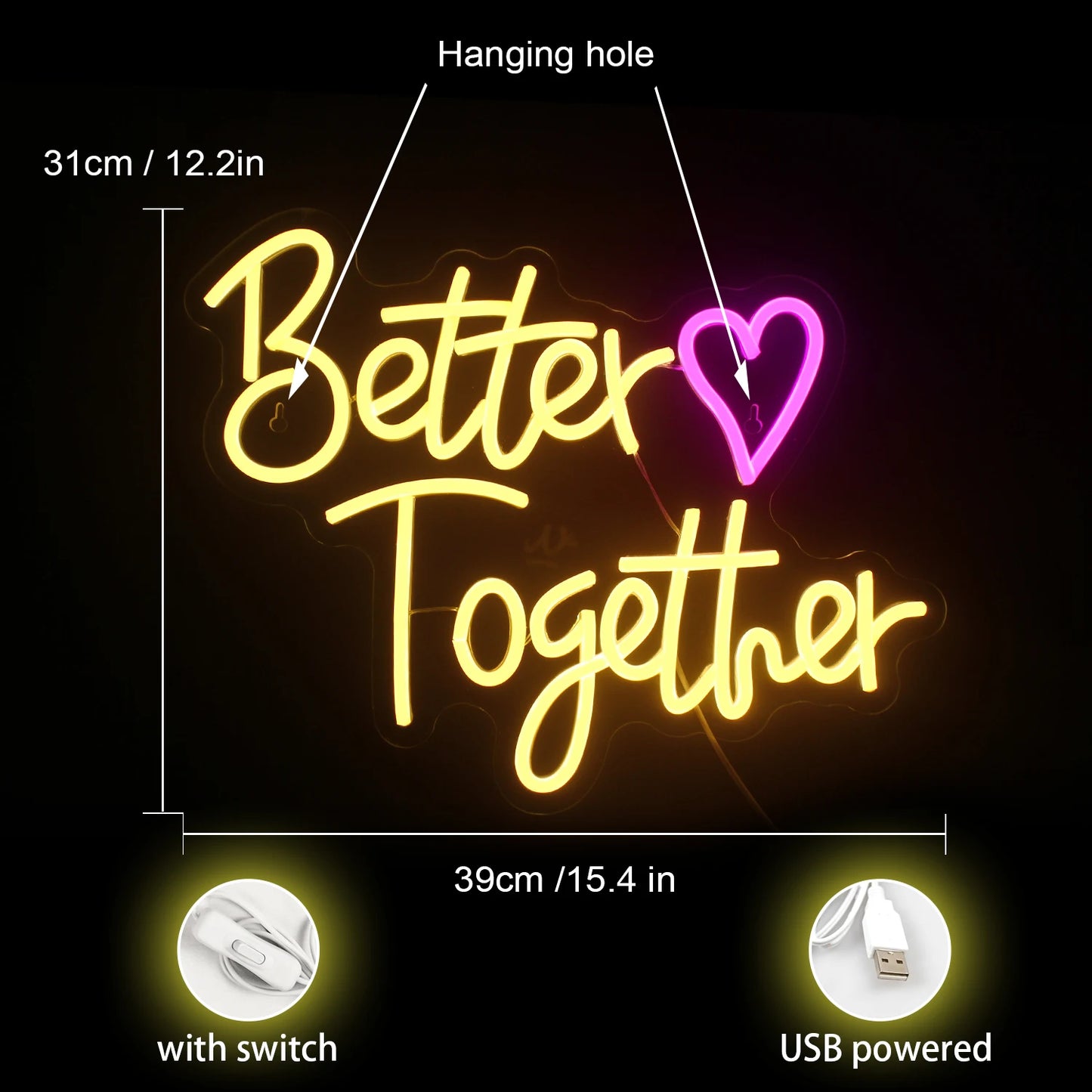 Better Together Heart Neon Sign Wedding Wall Decor LED Light Aesthetic Room Decor for Anniversary Valentines Day Wedding Neon