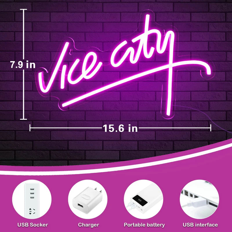 Pink Neon Sign Vice City LED Neon Light for Playroom Atmosphere light Game Room Wall Decor Bar Party Man Cave Indoor Decorations