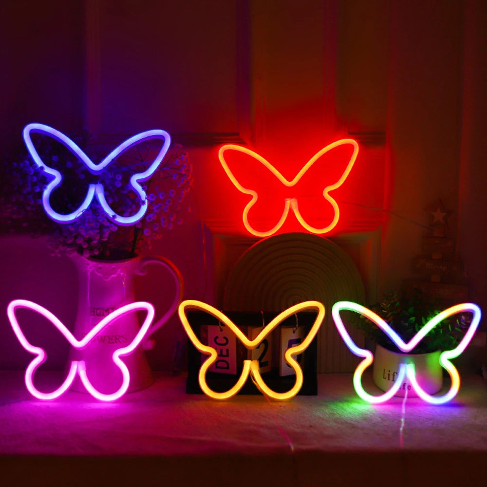 LED Neon Sign USB/Battery Operated Creative Shape Flicker Free 3D Visual Effect Soft Lighting Butterfly Neon Sign LED Lamp Photo