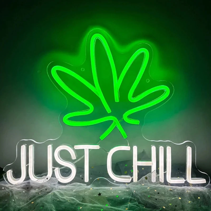 Just Chill Neon Sign Room Decor Weed Neon Signs Dimmable Night Light for Man Cave Wall Art USB Powered Light