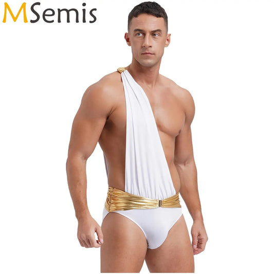 Mens Ancient Greek Roman Knight Warrior Bodysuit One Shoulder Metallic Belt Briefs Toga Jumpsuit Cupid Cosplay Halloween Costume