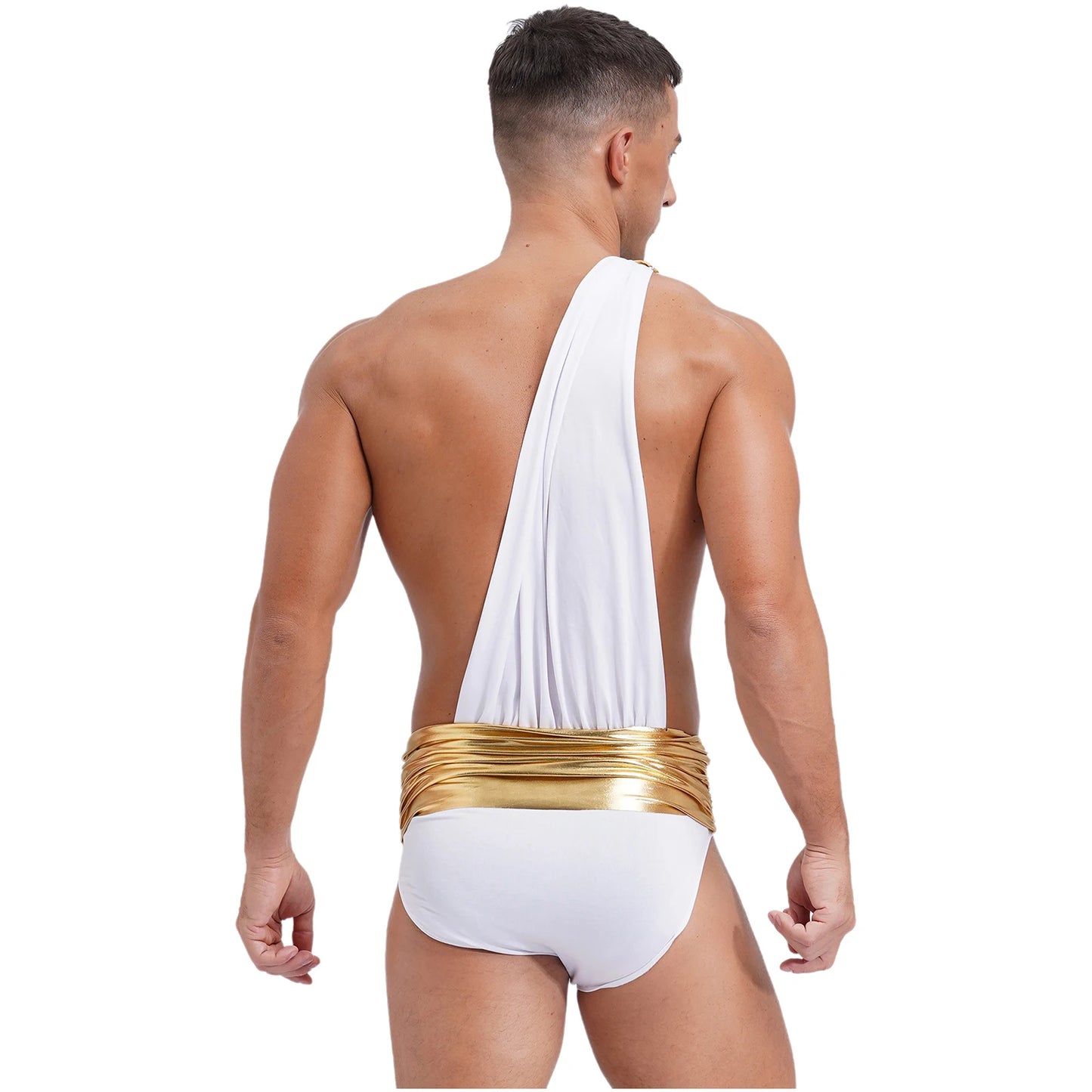 Mens Ancient Greek Roman Knight Warrior Bodysuit One Shoulder Metallic Belt Briefs Toga Jumpsuit Cupid Cosplay Halloween Costume