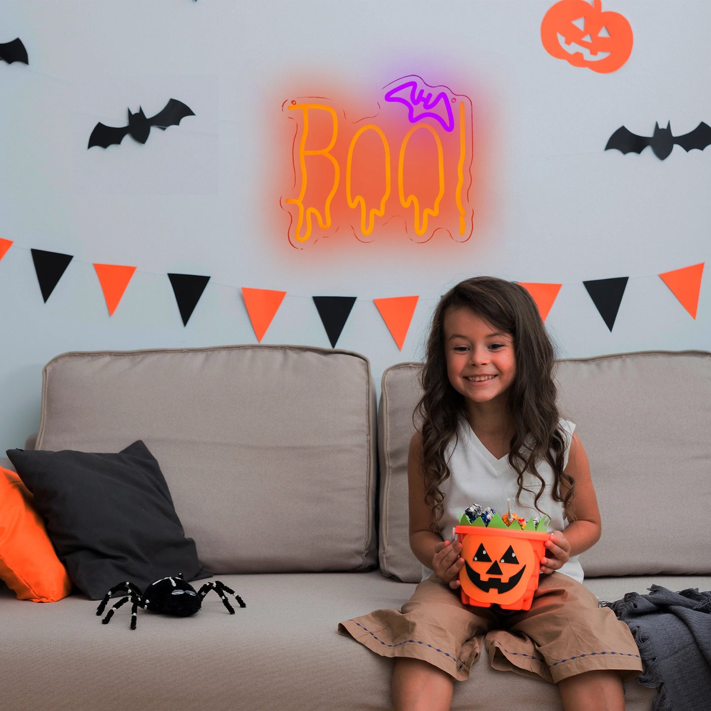 Boo! Neon Signs Halloween Led Sign Orange Neon Lights Sign Word Neon Light Sign Halloween Bedroom Spooky Bat Holiday Wall Decor