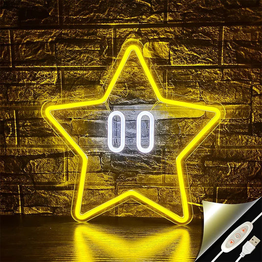 Star Neon Sign Gaming Neon Sign for Mario Game Room Decor Man Cave Kids Room Star Gaming Wall Decor Neon Light Sign