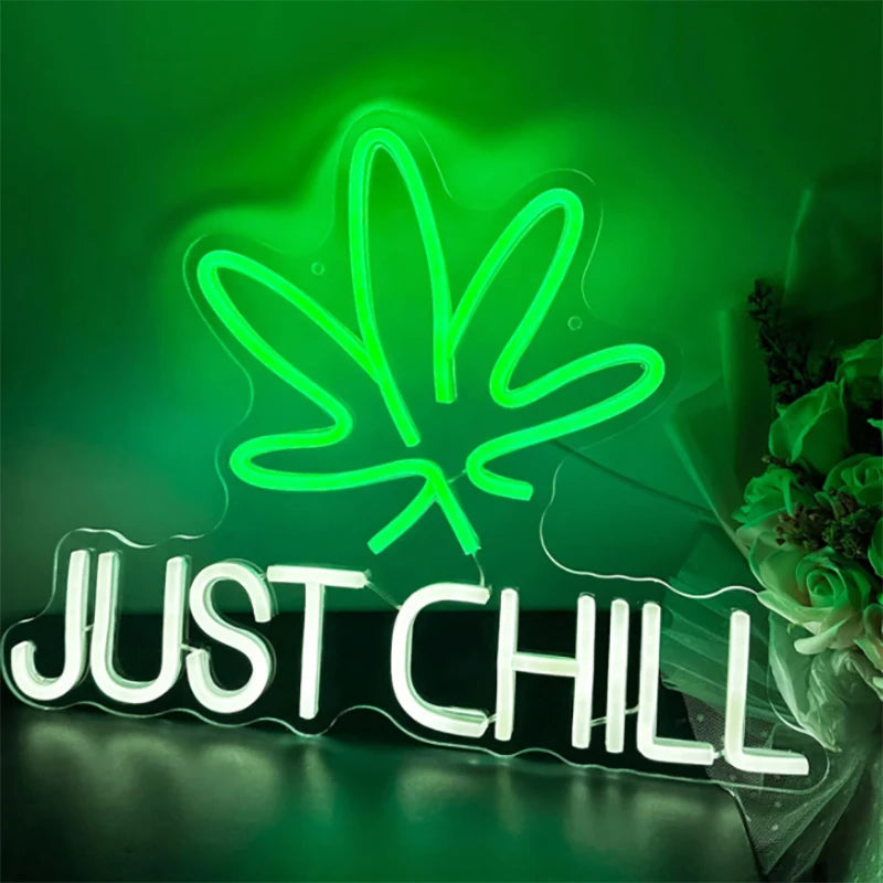 Just Chill Neon Sign Room Decor Weed Neon Signs Dimmable Night Light for Man Cave Wall Art USB Powered Light