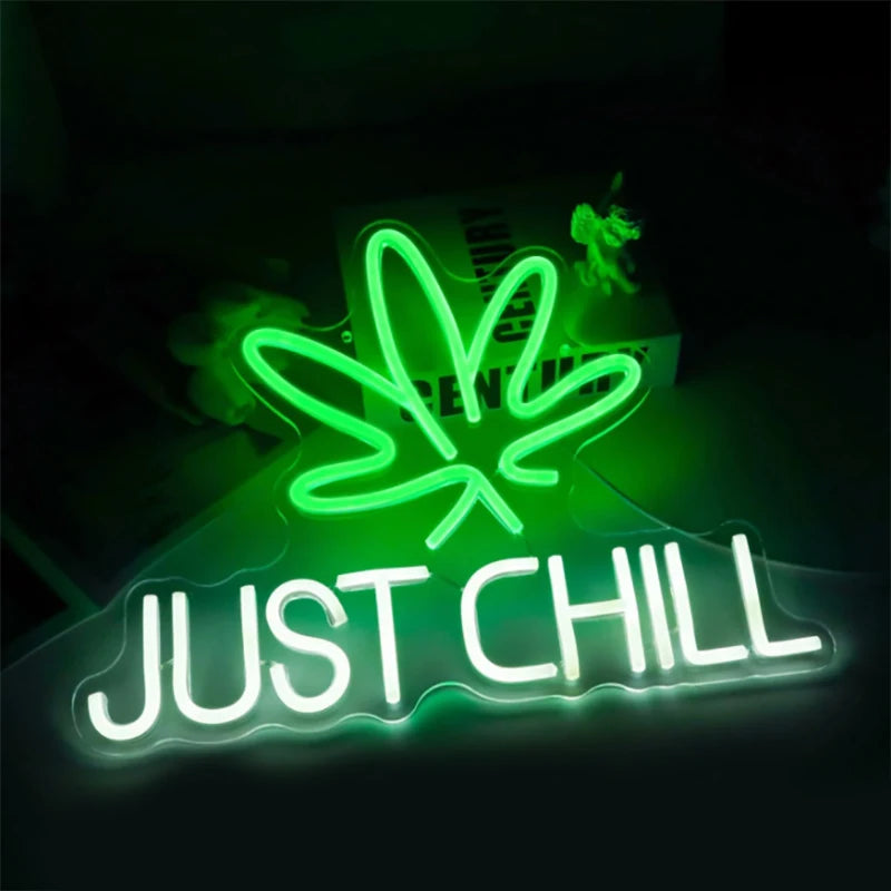 Just Chill Neon Sign Room Decor Weed Neon Signs Dimmable Night Light for Man Cave Wall Art USB Powered Light