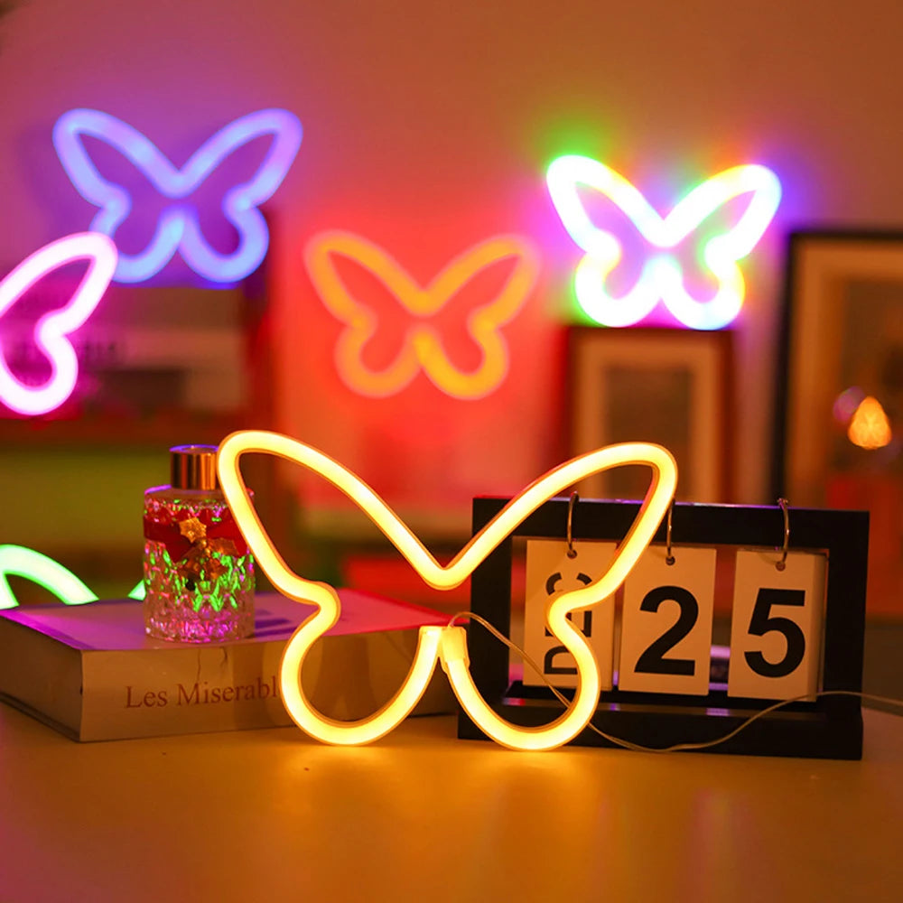 LED Neon Sign USB/Battery Operated Creative Shape Flicker Free 3D Visual Effect Soft Lighting Butterfly Neon Sign LED Lamp Photo