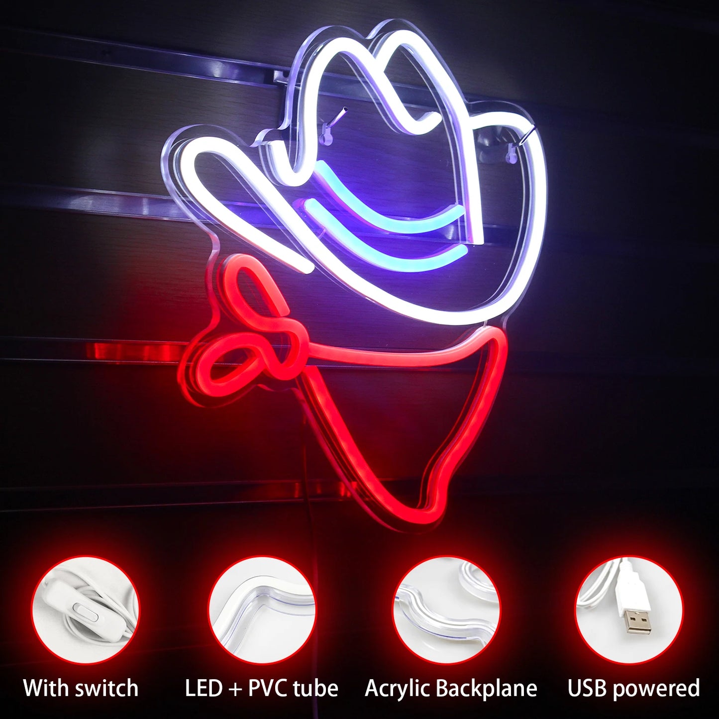 Cowboy Hat Neon Sign LED Wall Decor USB Powered Acrylic For Birthday Party Art Decor Man Cave Bedroom Game Room Birthday Gifts