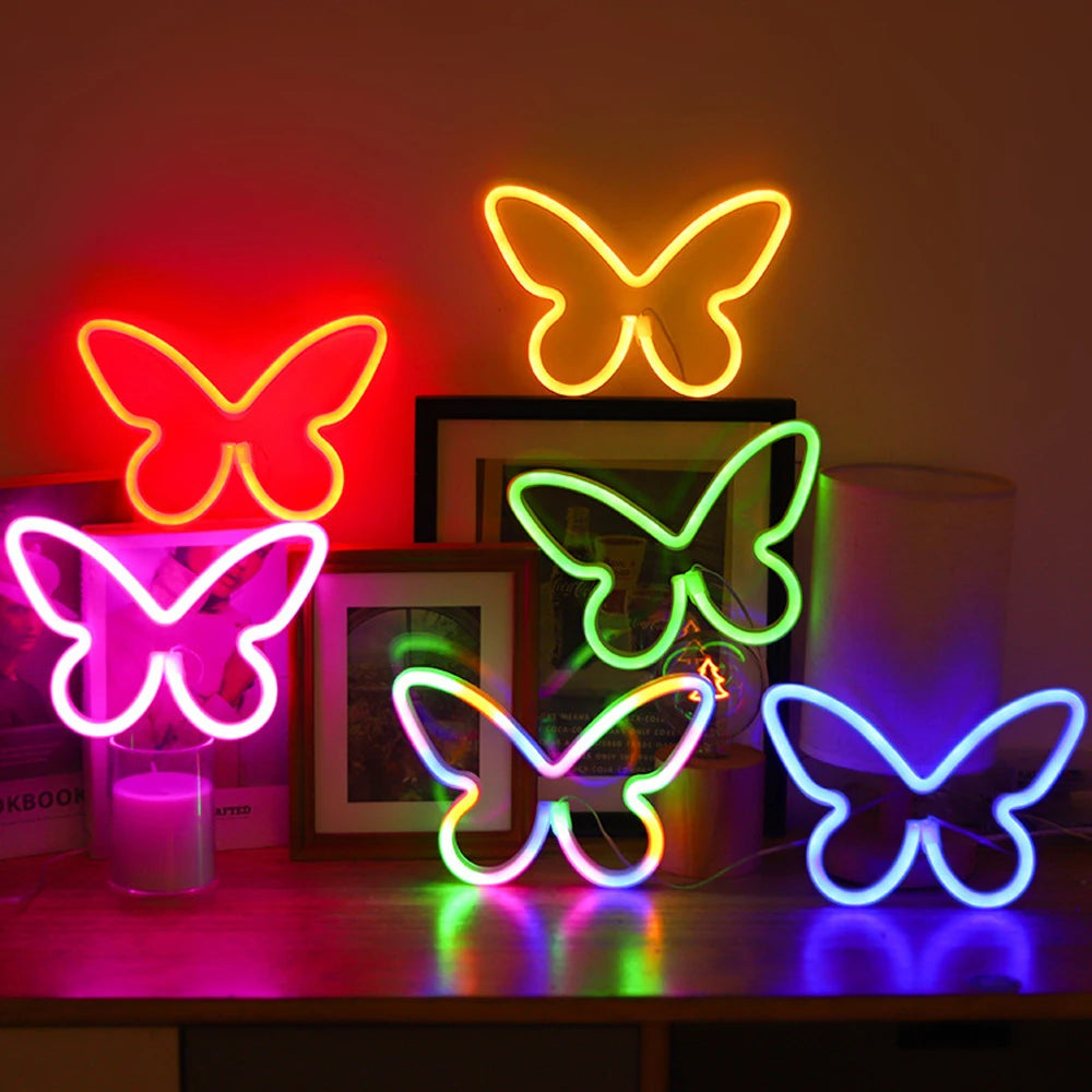 LED Neon Sign USB/Battery Operated Creative Shape Flicker Free 3D Visual Effect Soft Lighting Butterfly Neon Sign LED Lamp Photo