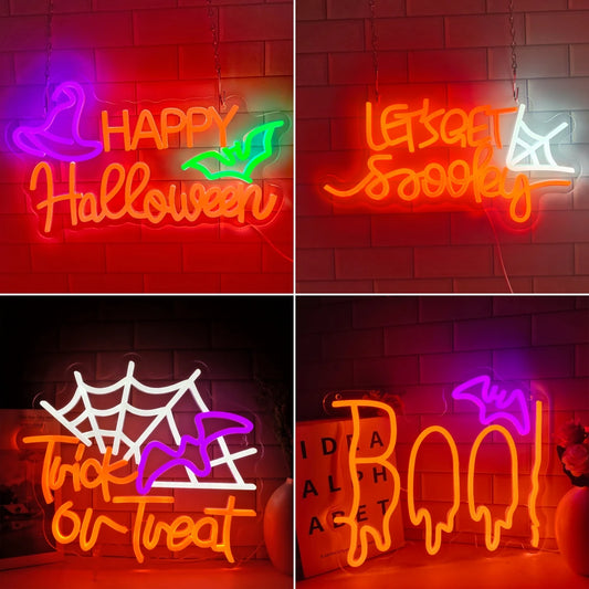 Boo! Neon Signs Halloween Led Sign Orange Neon Lights Sign Word Neon Light Sign Halloween Bedroom Spooky Bat Holiday Wall Decor