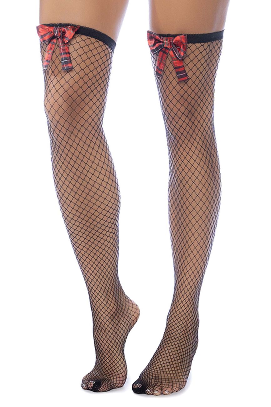 Diamond Fishnet Thigh Highs with Plaid Bows