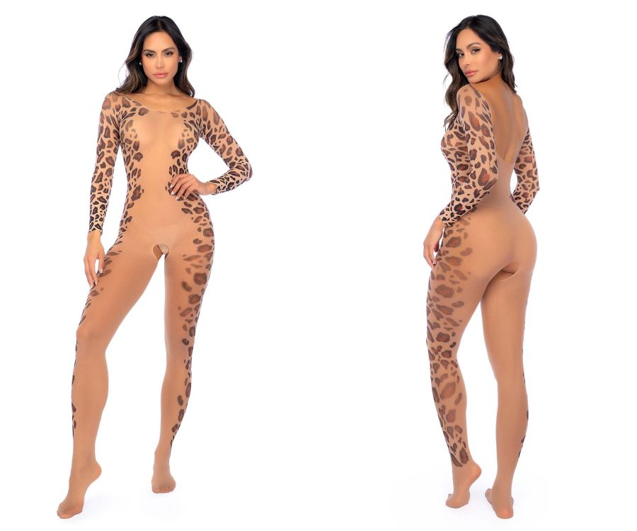 Long Print Sleeve Leopard Mesh Bodystocking