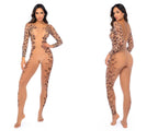 Long Print Sleeve Leopard Mesh Bodystocking