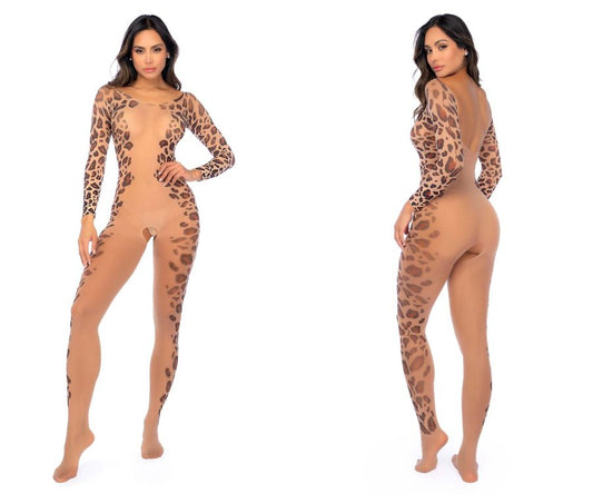 Long Print Sleeve Leopard Mesh Bodystocking
