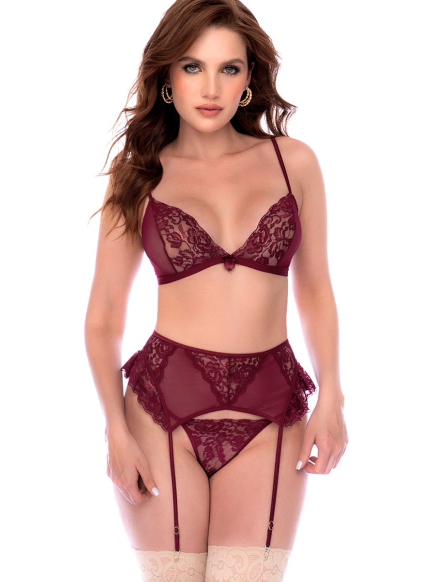 Mapale 80031 Three-Piece Exotic Lingerie Set in a burgundy hue