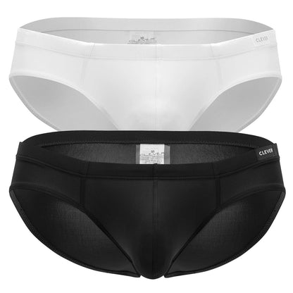 Two pairs of men's underwear, one white and one black, on a white background.