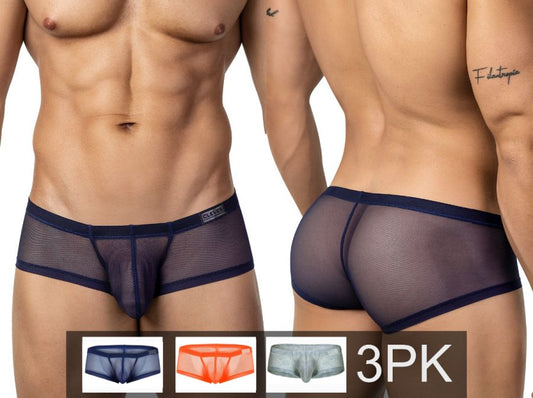 Clever 3-pack of sheer mesh trunk boxer briefs is built for a bold, breathable feel with a see-through micro-mesh body and clean contrast trim.